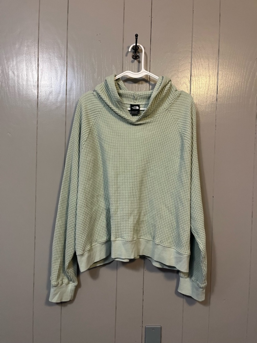 North Face Pullover Womens Green Cropped Cotton Hoodie Thermal Waffle Knit Large